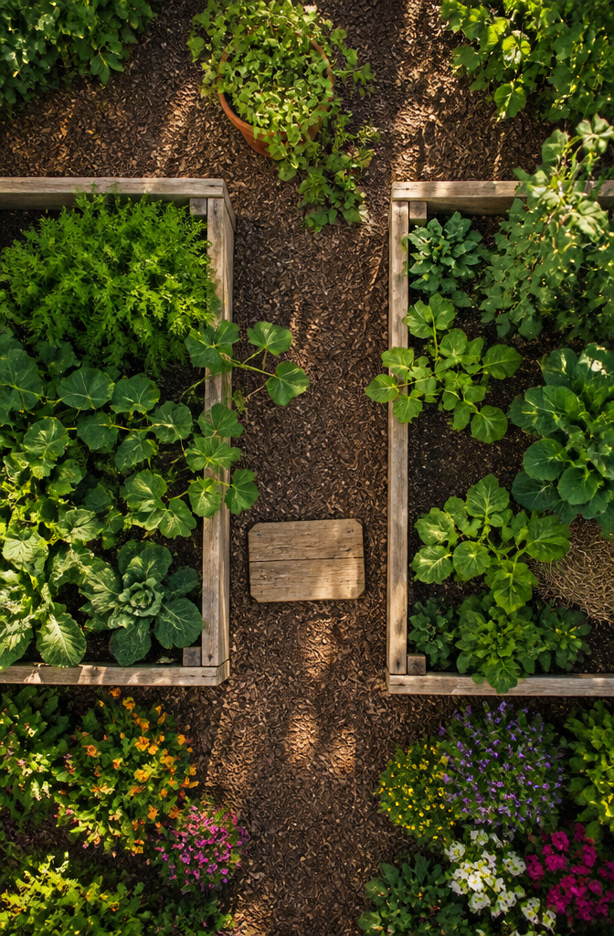 Paths between raised garden beds provide space for movement.