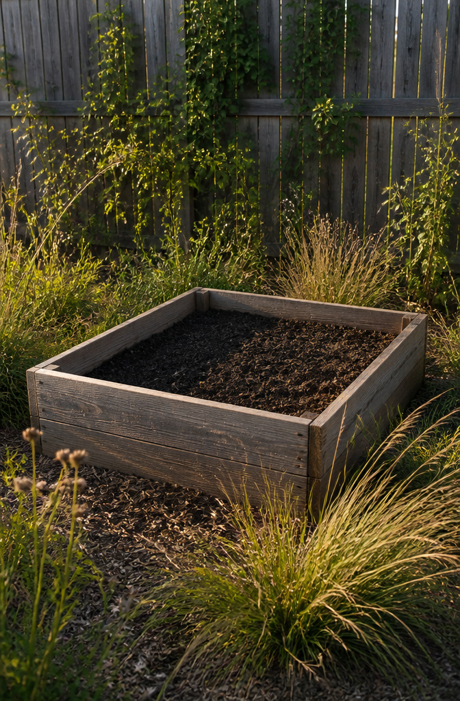 Open-bottom raised garden bed with healthy soil and surrounding plants.