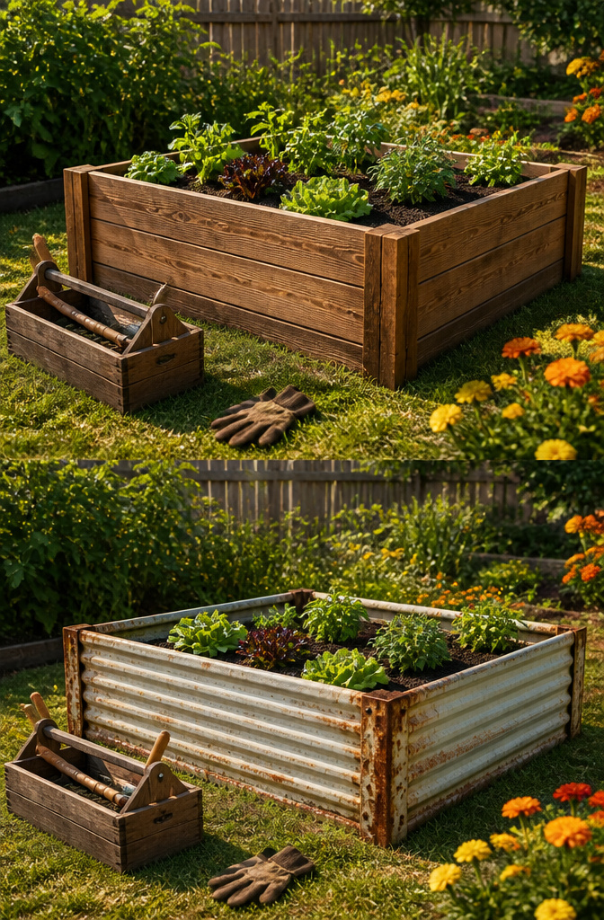 Raised garden bed made from cedar planks.