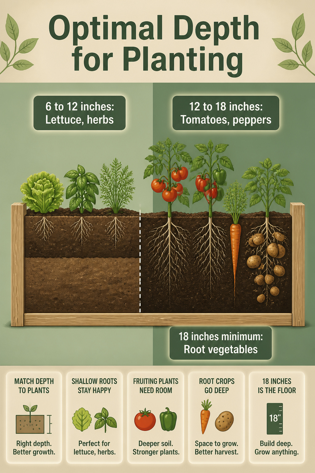 Infographic showing optimal planting depths for various crops.