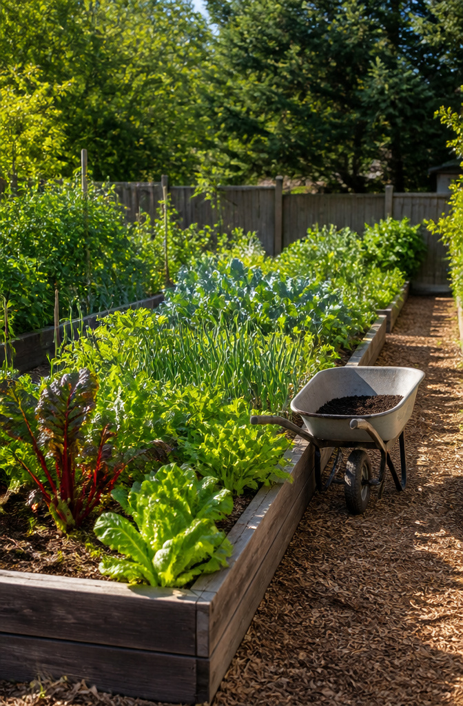Raised garden bed with soaker hoses and vibrant vegetable plants.
