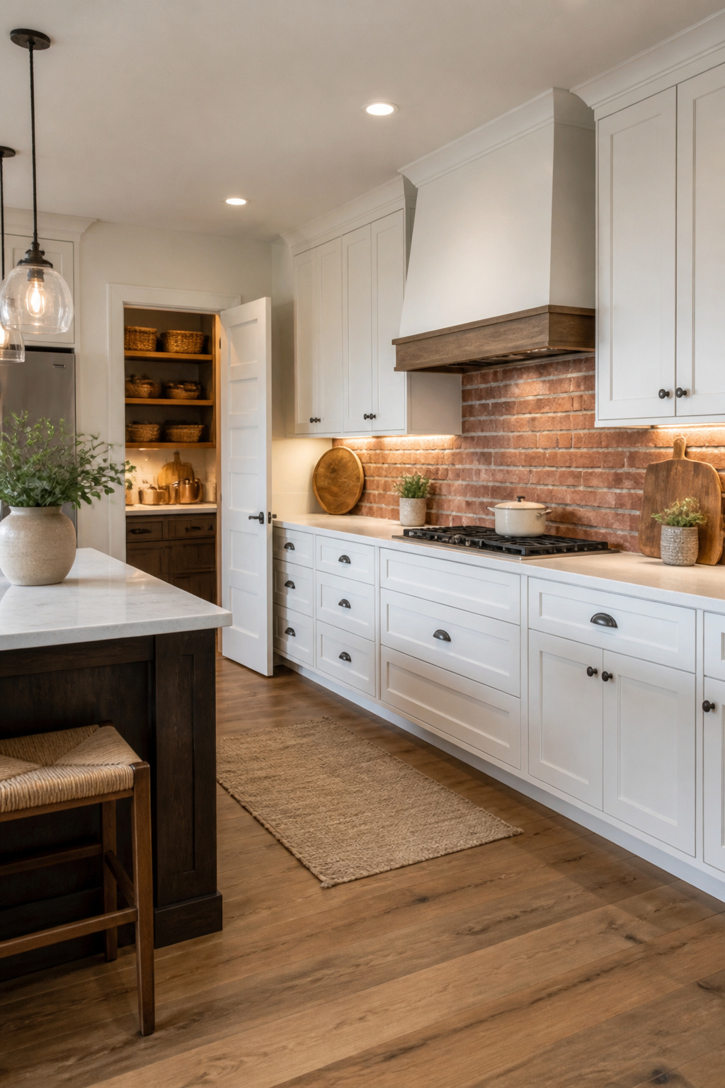 A kitchen with a rustic brick tile backsplash.