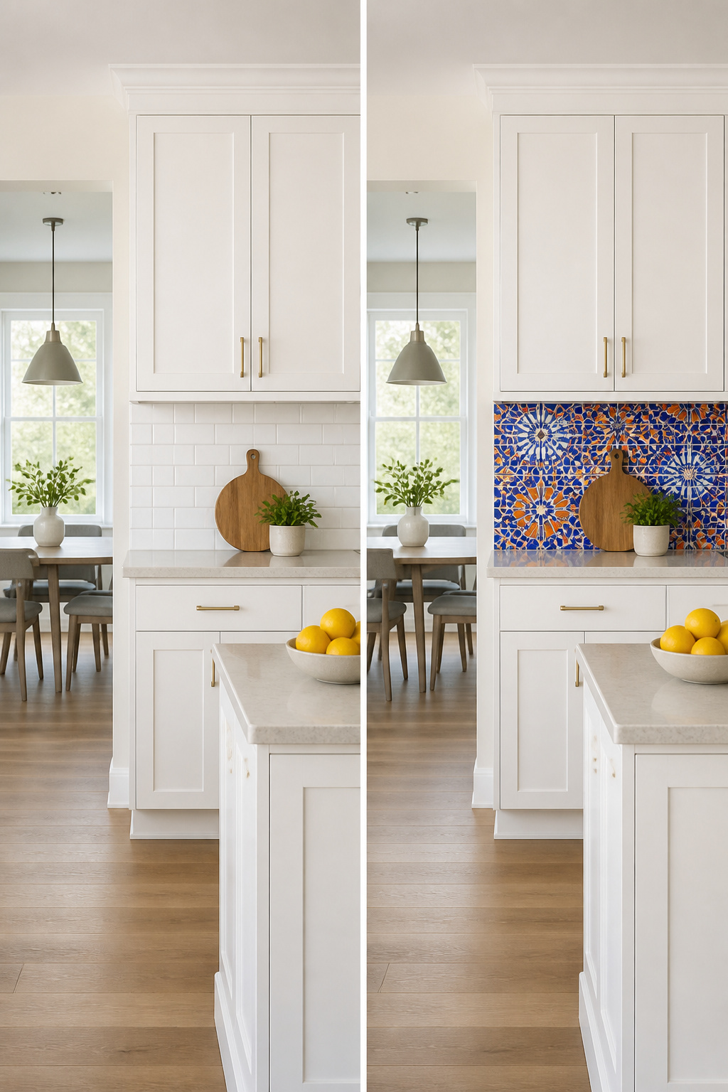 A kitchen featuring bold colored tile backsplash.