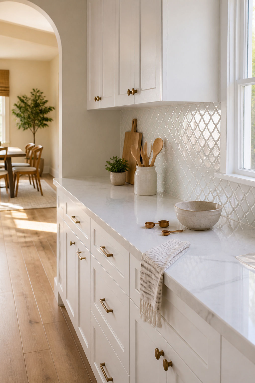 A kitchen featuring a fish scale tile backsplash.