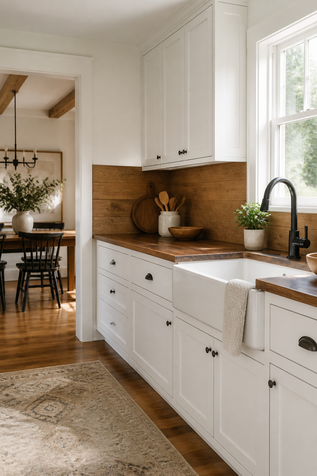 A kitchen showcasing a warm wood tile backsplash.