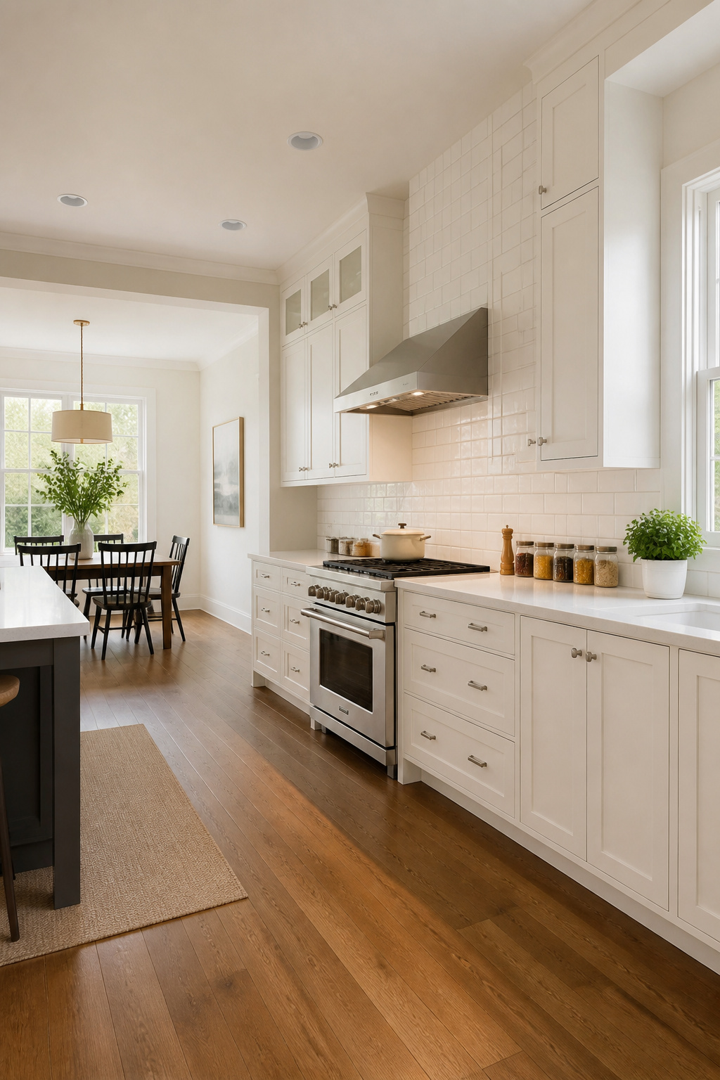 A kitchen with full-height tile backsplash.