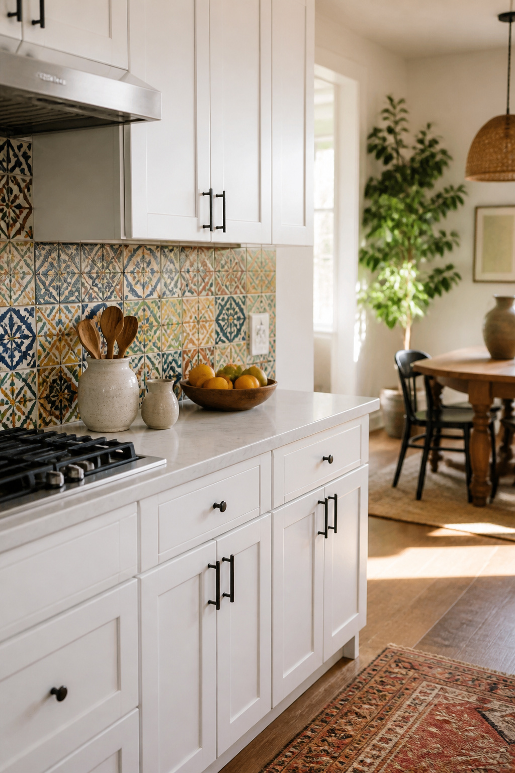 A kitchen with Moroccan tile backsplash.