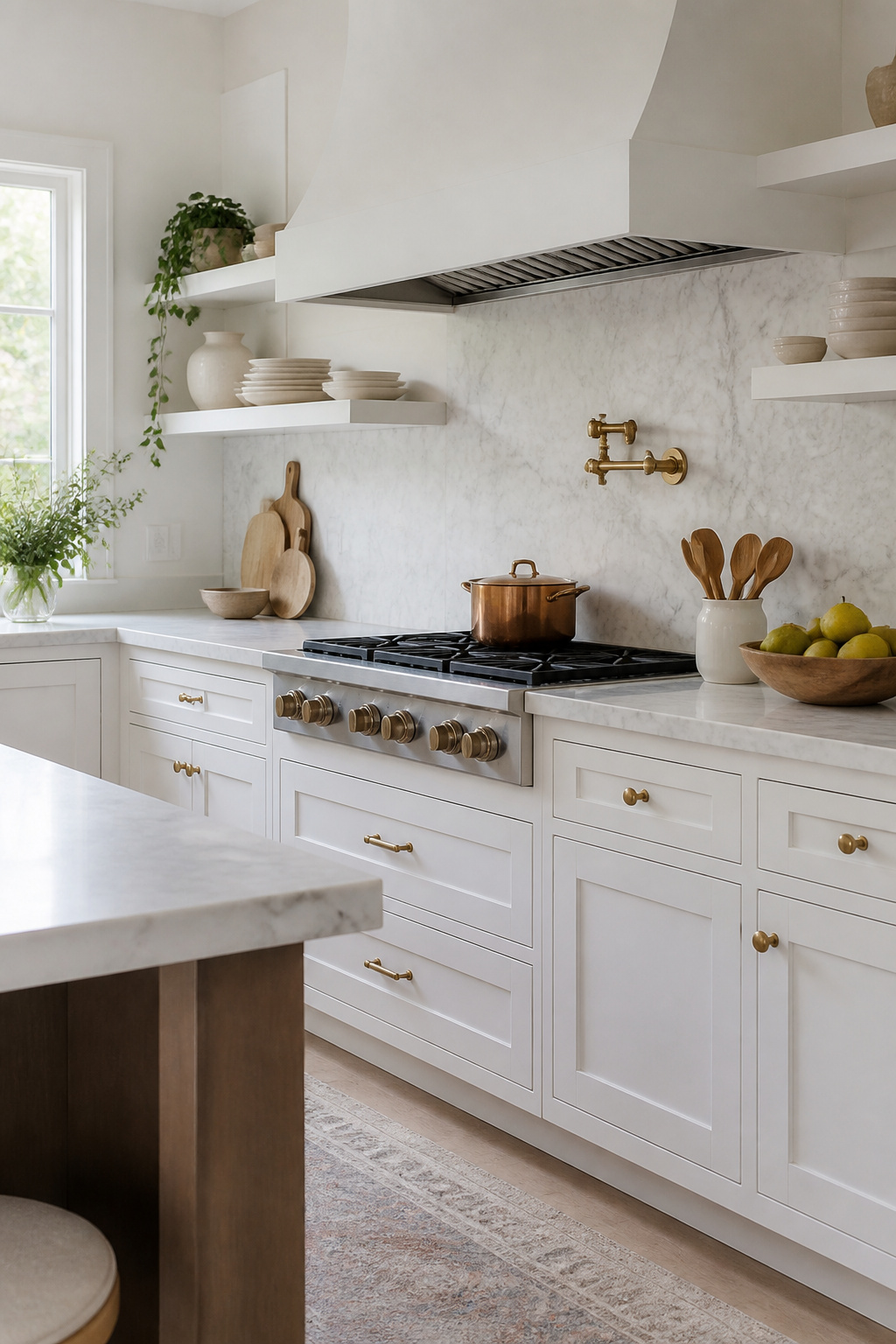 A kitchen featuring Carrara marble backsplash against white cabinets.