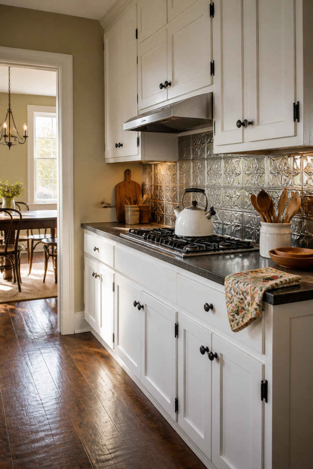 A kitchen featuring a vintage tin tile backsplash.