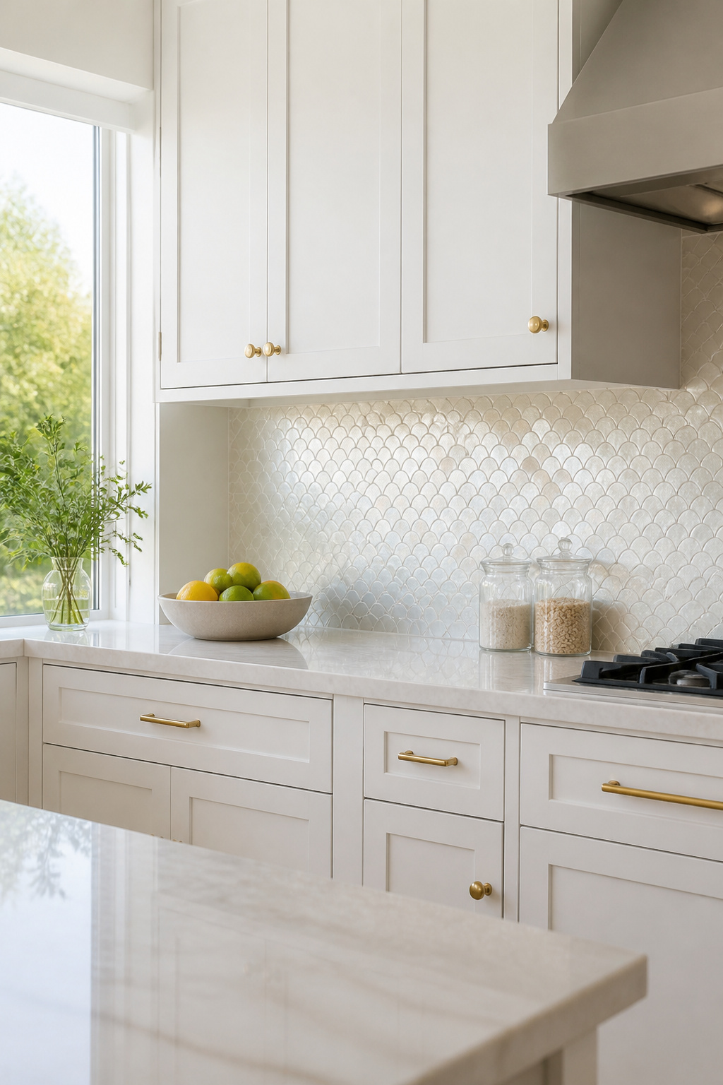 A kitchen with a shell tile backsplash.