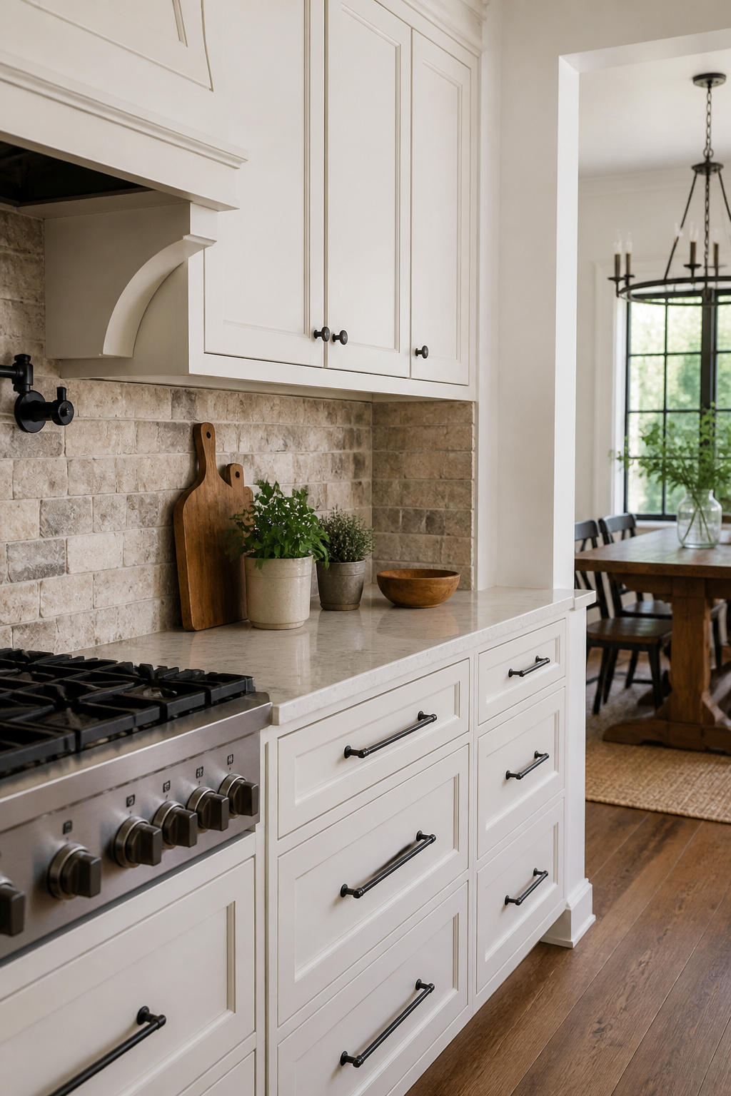 A kitchen featuring a natural stone tile backsplash.