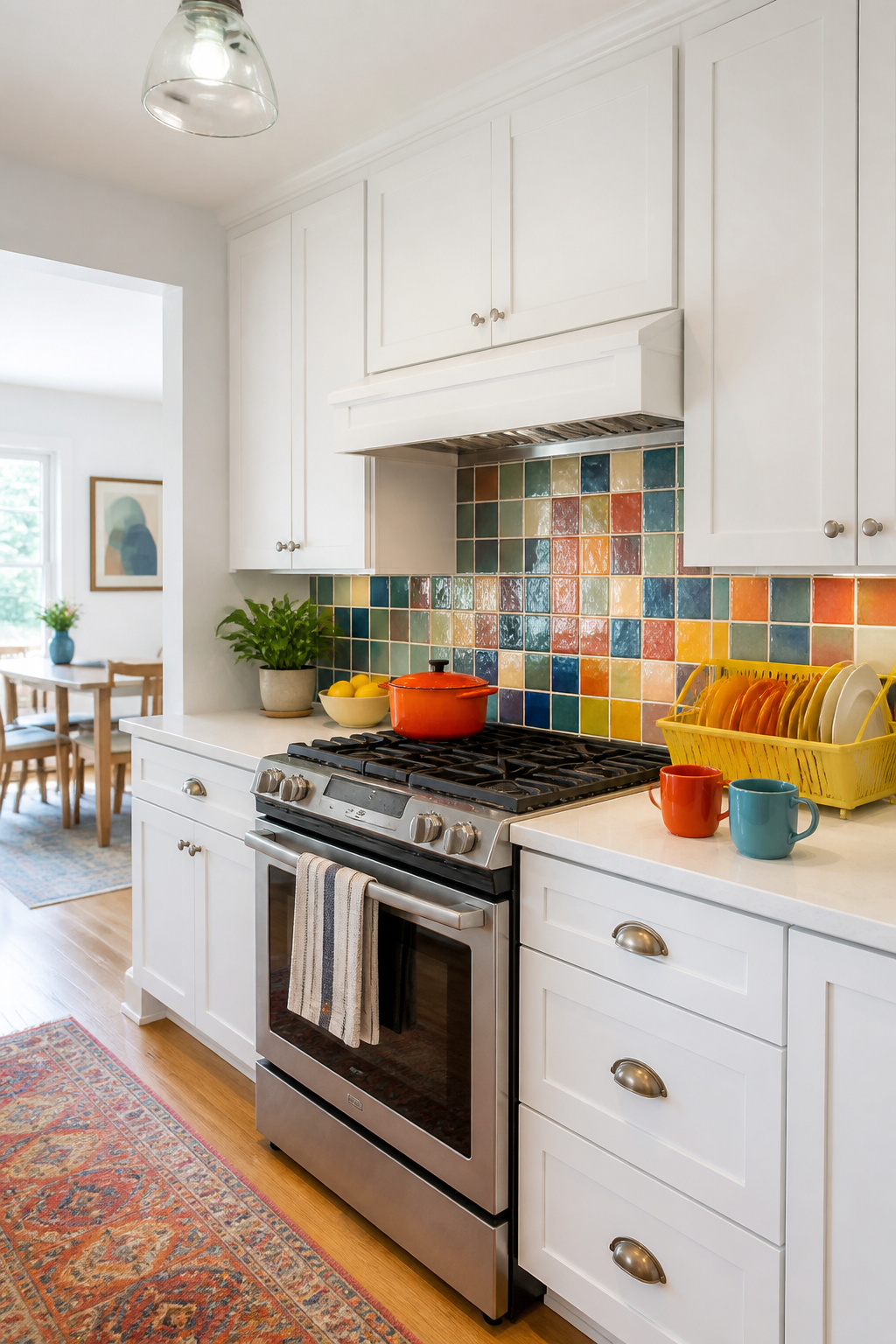 A kitchen with colorful ceramic tile backsplash.