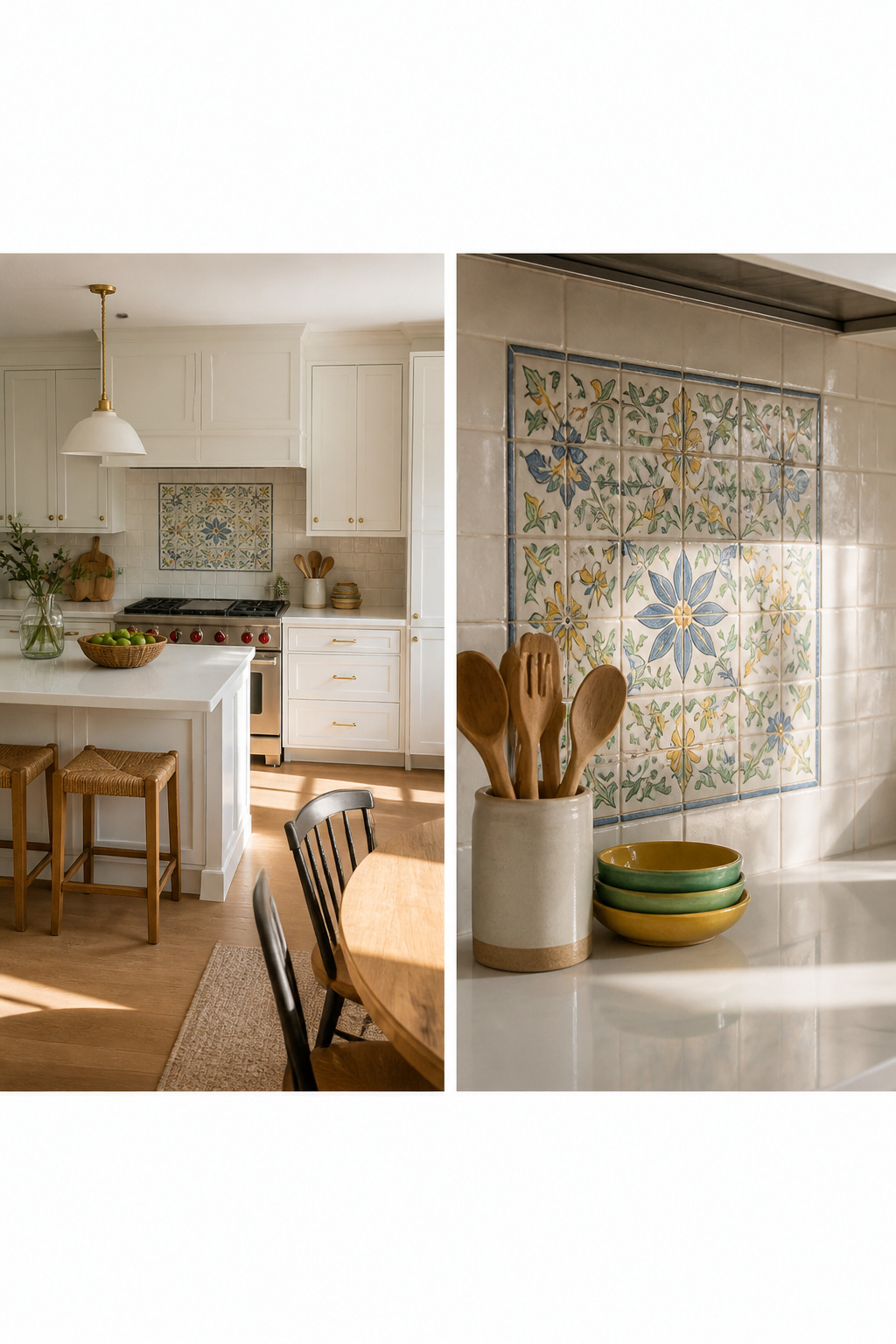 A kitchen featuring artisan hand-painted tile backsplash.