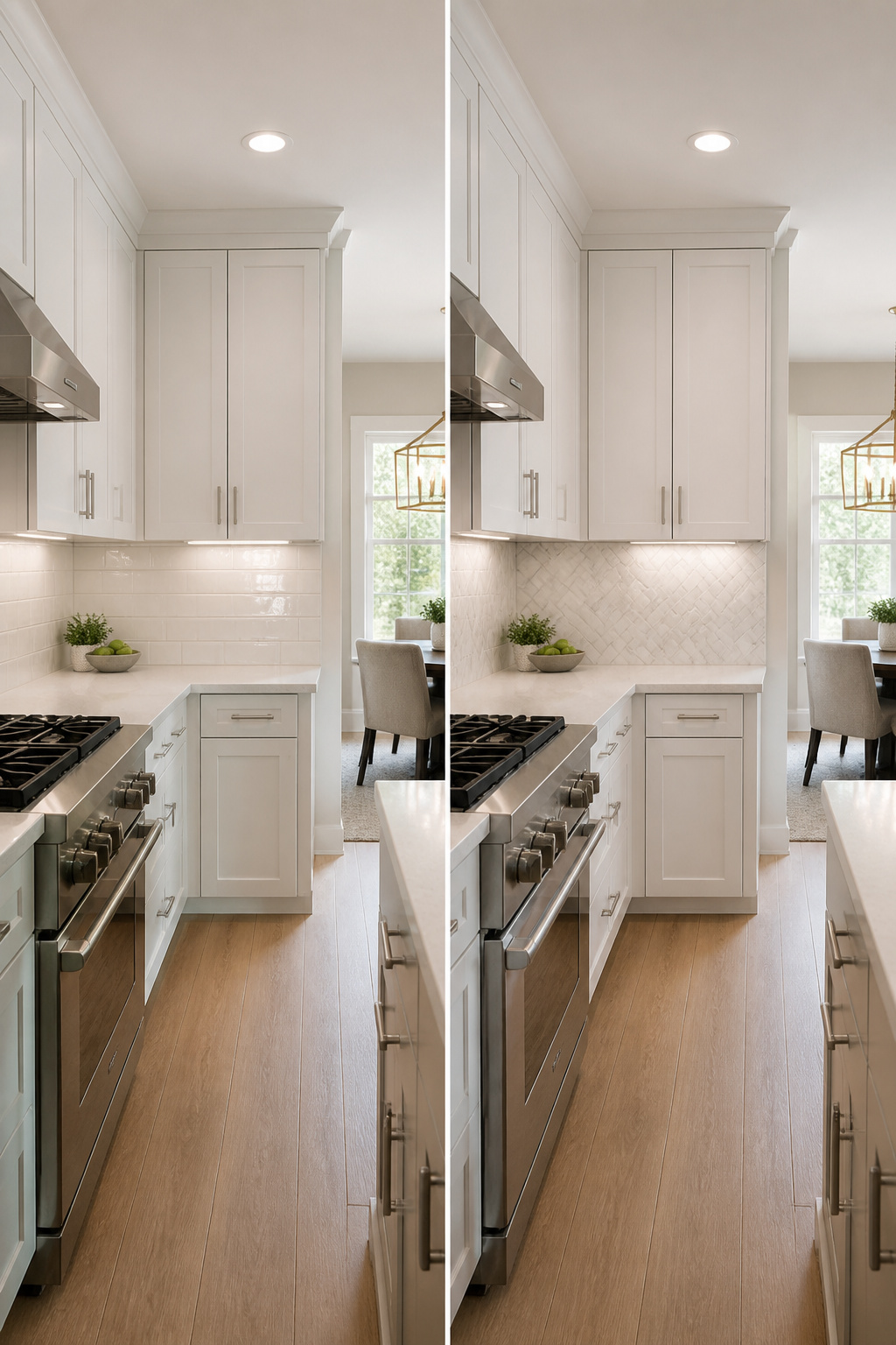 A kitchen featuring a high-gloss tile backsplash.