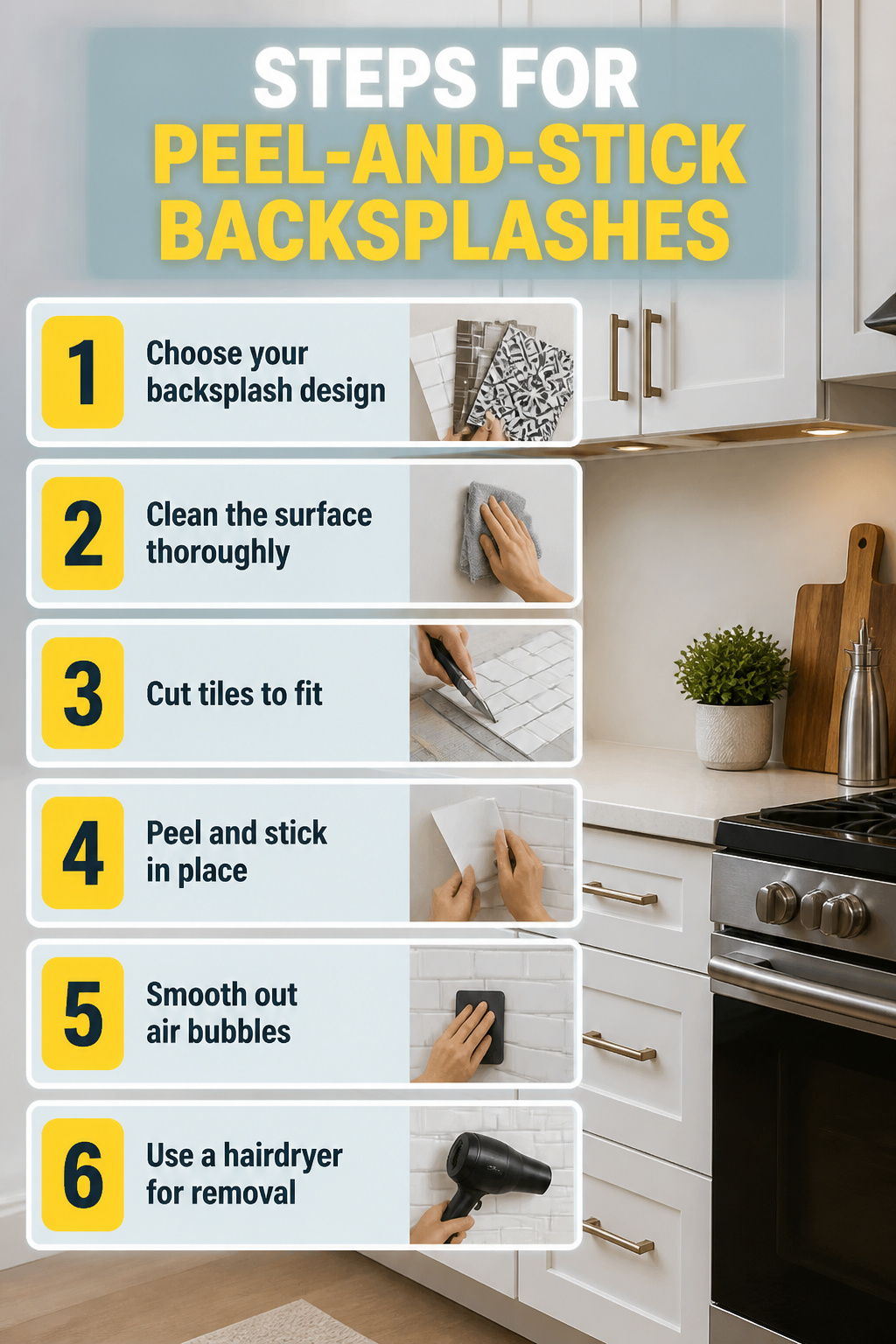 A kitchen with a peel-and-stick tile backsplash.