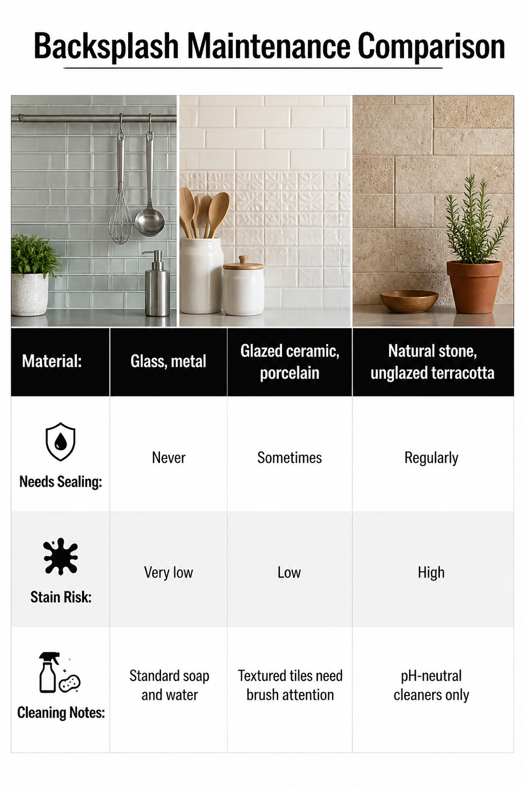 A chart comparing maintenance needs of backsplash materials.