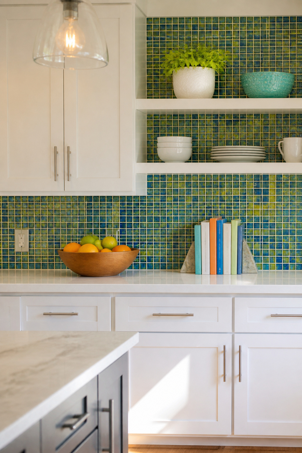 A kitchen showcasing a colorful mosaic tile backsplash.