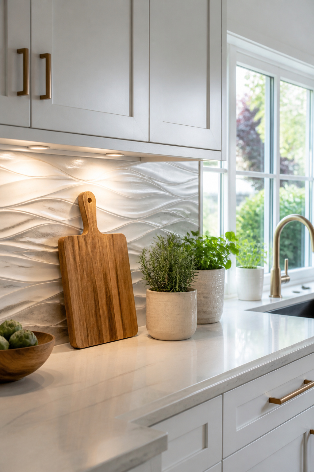 A kitchen featuring a textured tile backsplash in white.