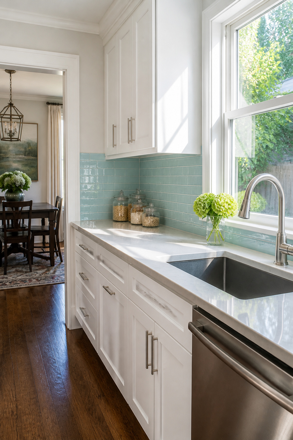 A kitchen with a glossy aqua glass tile backsplash.