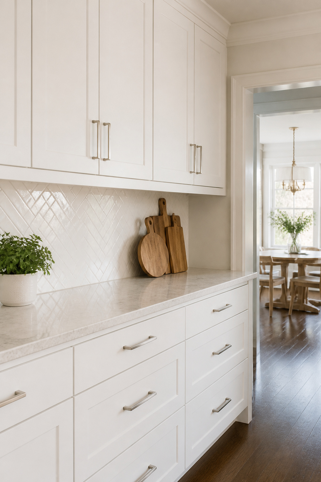 A kitchen adorned with a geometric tile backsplash.