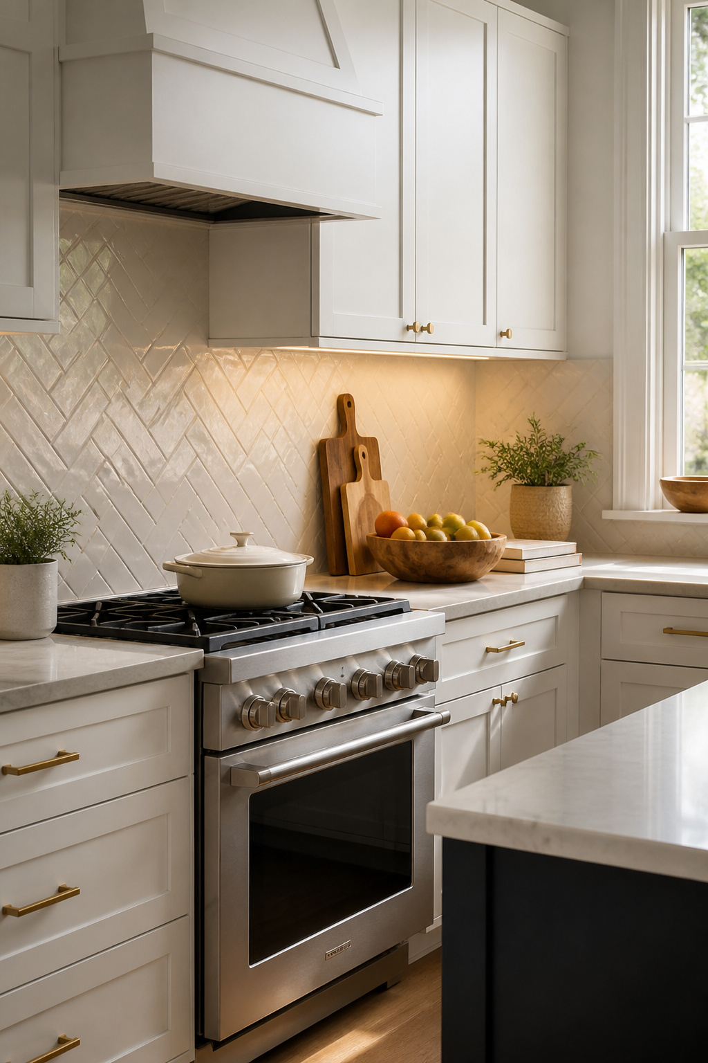 A kitchen with a herringbone-patterned tile backsplash.