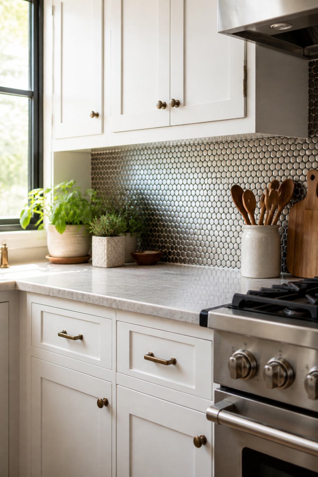 A kitchen showcasing a penny round tile backsplash.