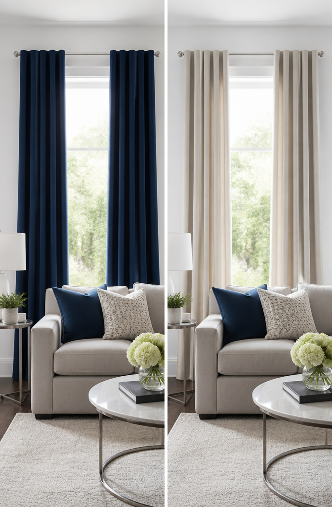 Dark curtain against white walls in a well-lit room.