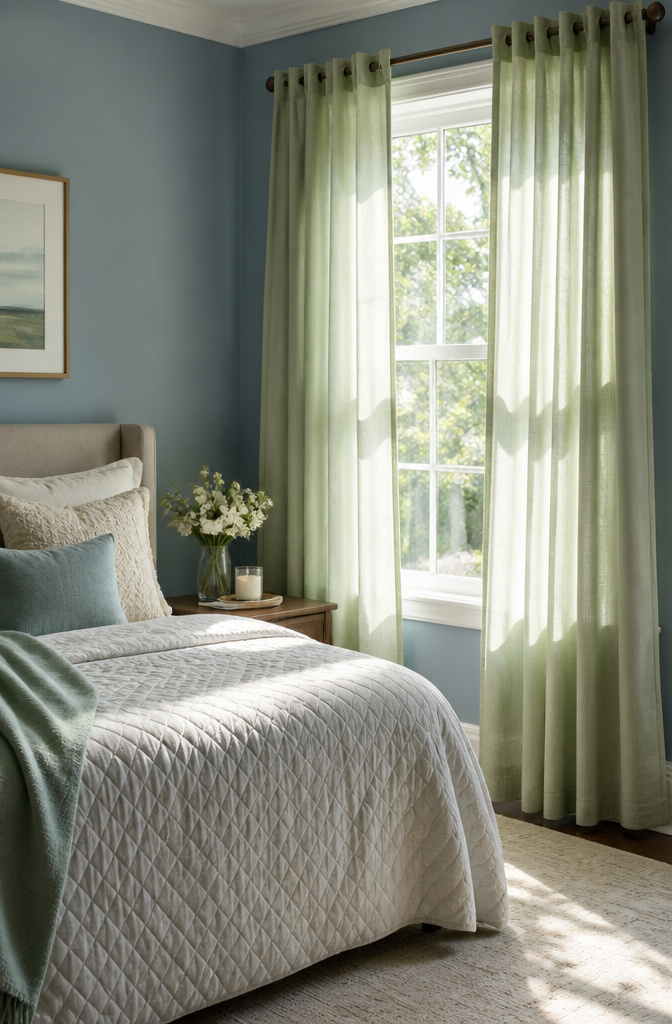 Light green curtains around a window with blue walls.