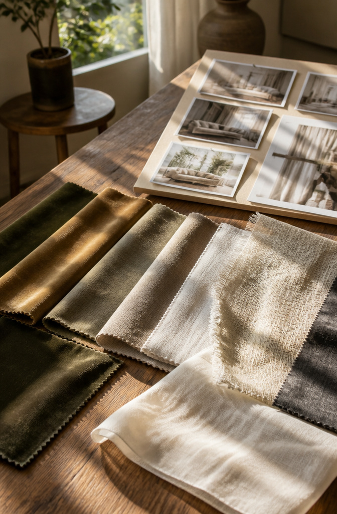 Close-up of curtain swatches on a rustic table.