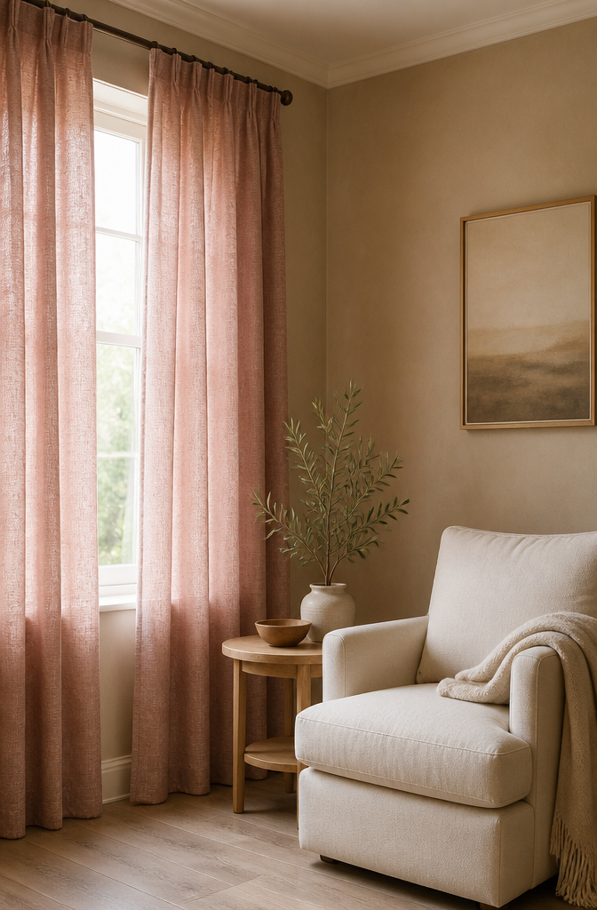 Dusty rose curtains hanging against beige walls in a cozy room.