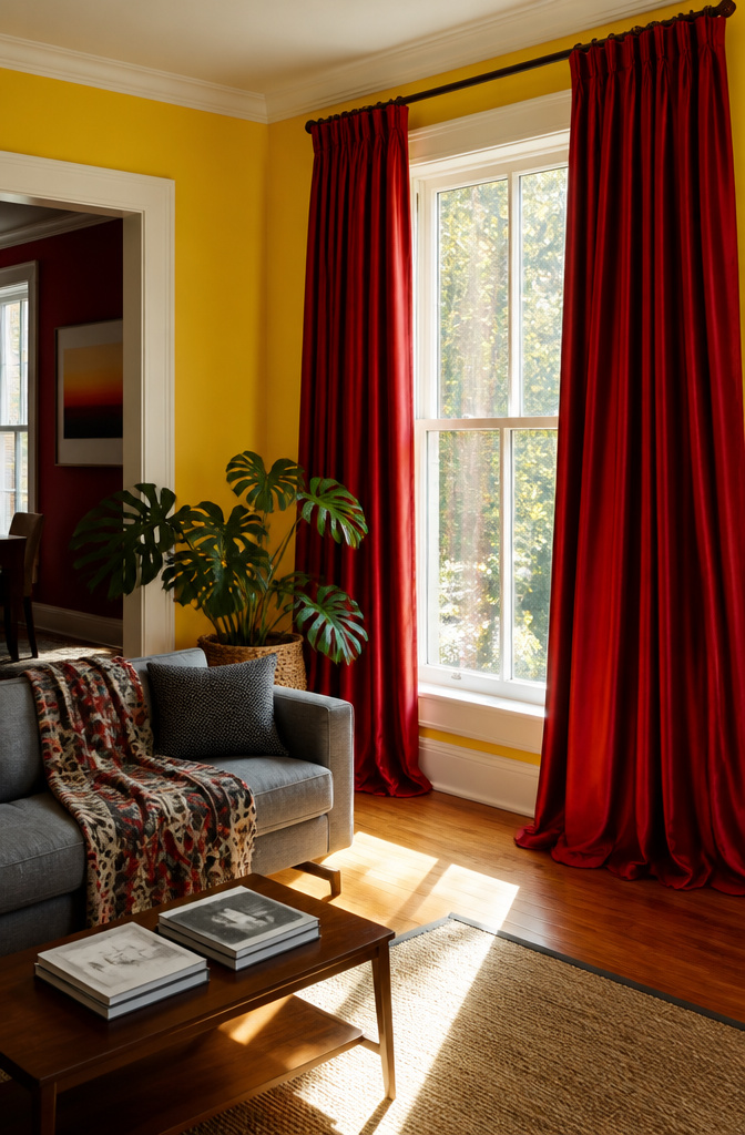 Deep red curtains in a room with bright yellow walls.
