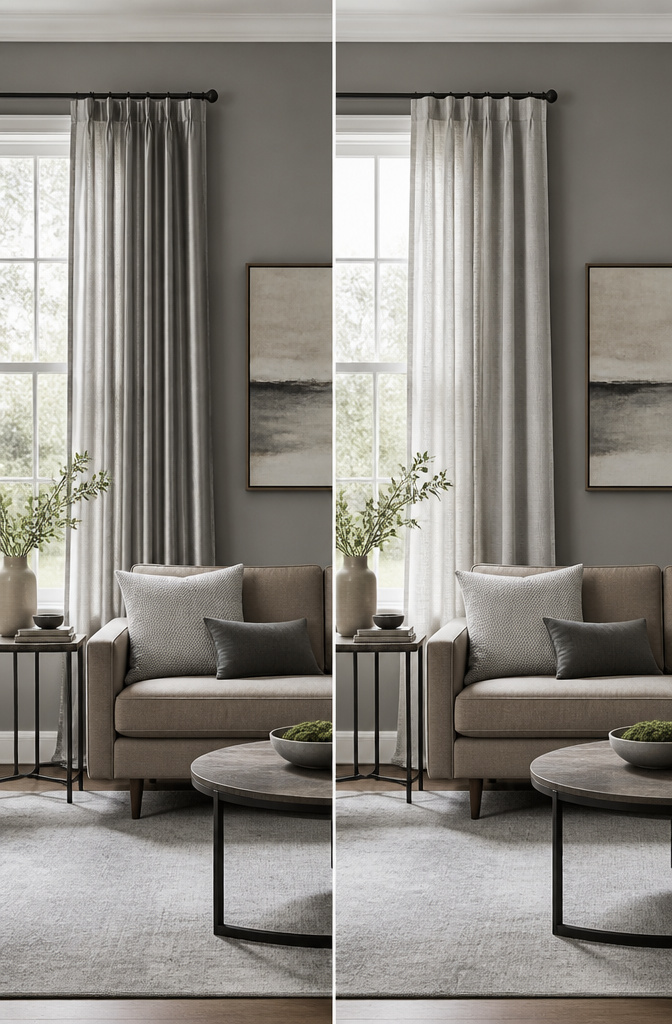 Silver curtains hanging against grey walls in a stylish setting.