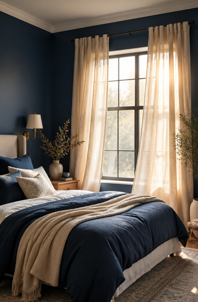 Beige curtains around a window with deep blue walls.