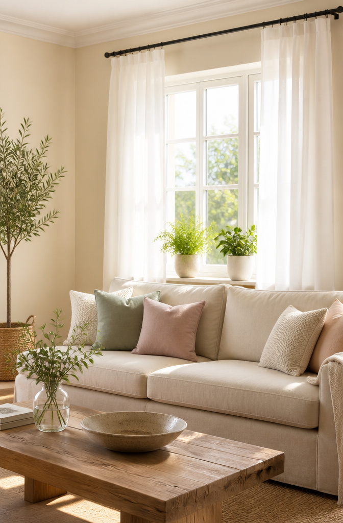 White curtains in a bright room with cream walls.