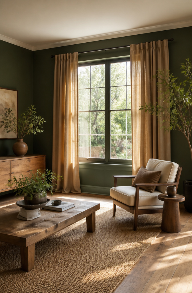 Tan curtains hanging against green walls in a cozy space.