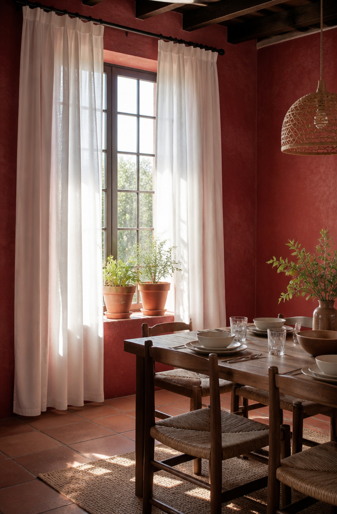 White curtains in a room with red walls and natural light.