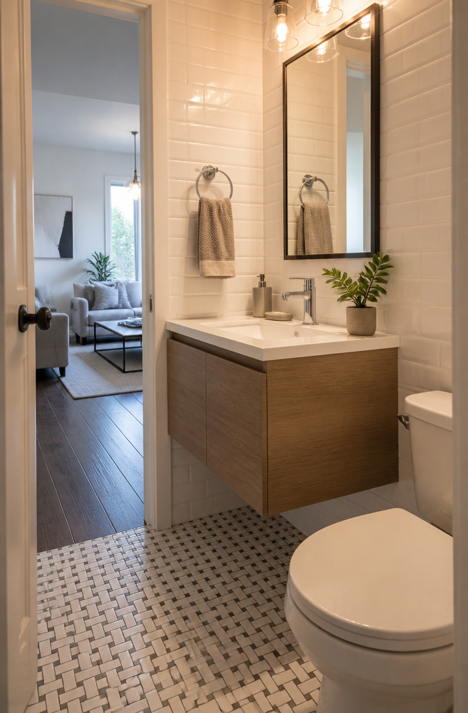 Half bathroom featuring chic subway tile and chrome fixtures.