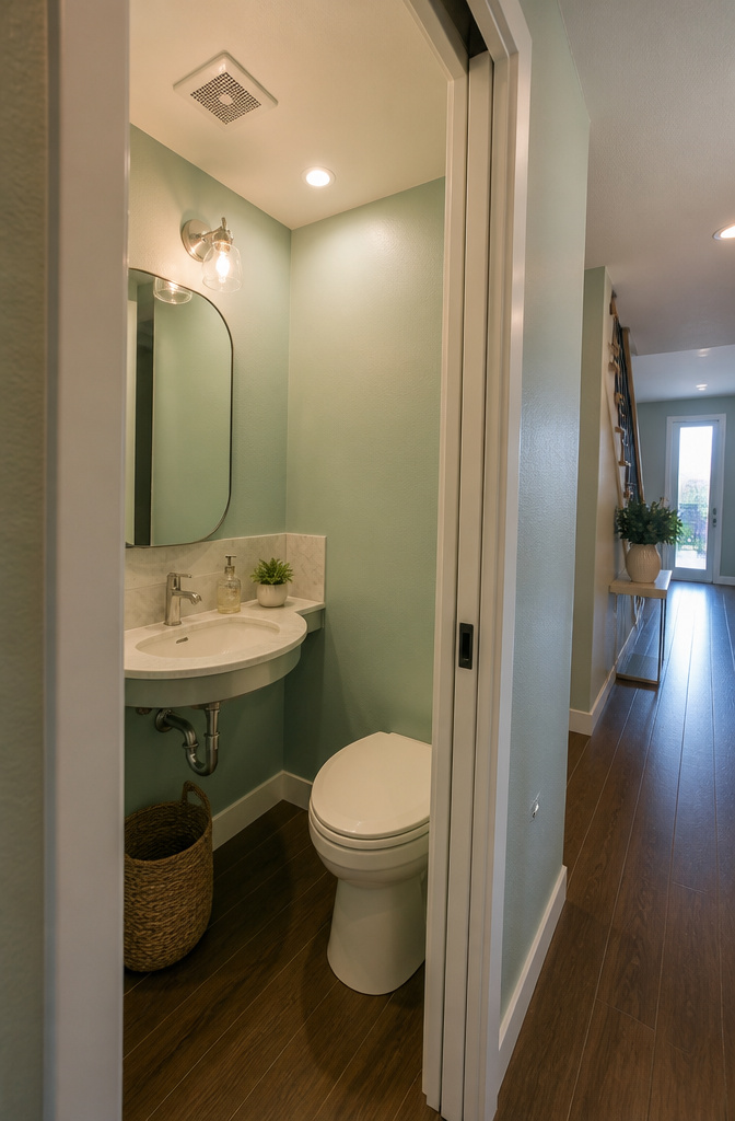 Half bathroom with a corner sink and pastel walls.