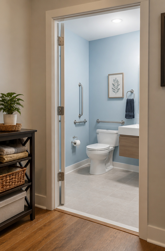 Half bathroom designed for accessibility with modern fixtures and light blue walls.