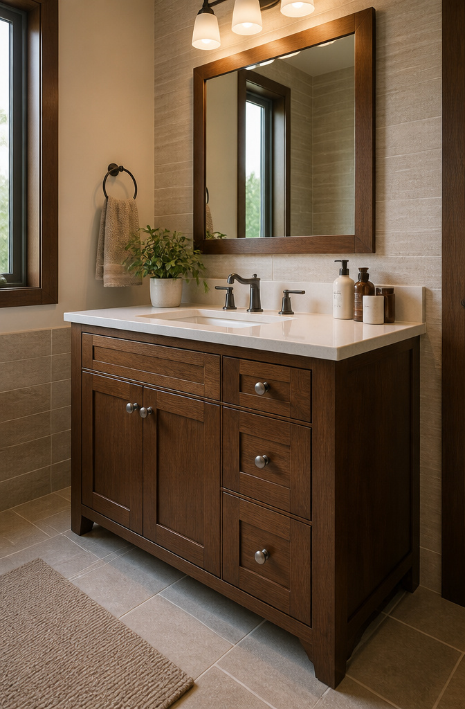 A solid wood vanity with a laminate countertop in a bathroom.