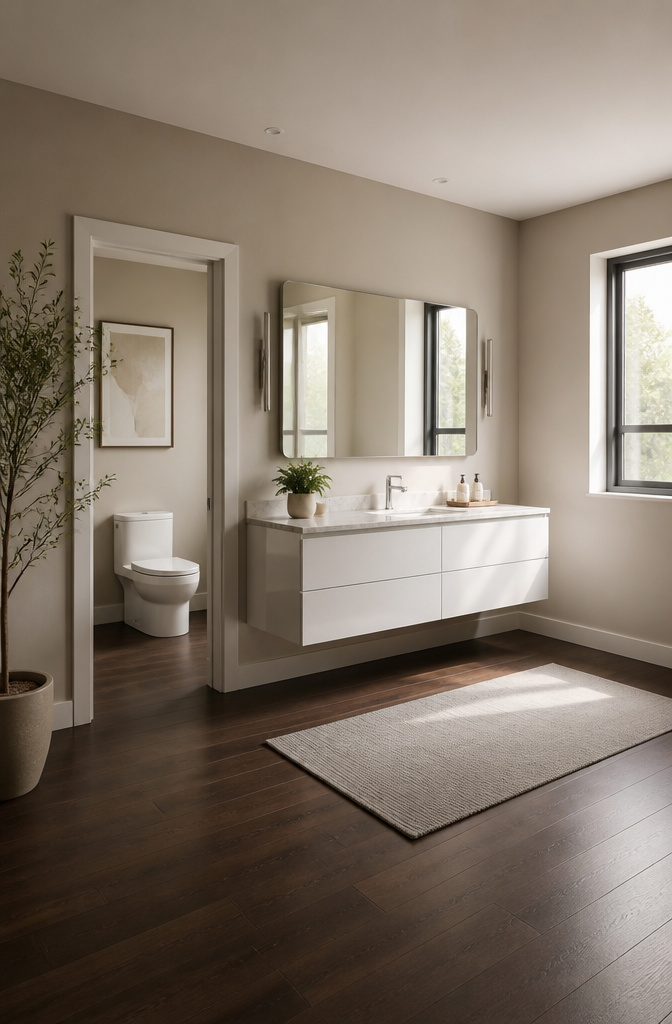 A wall-mounted floating vanity with visible floor space underneath.
