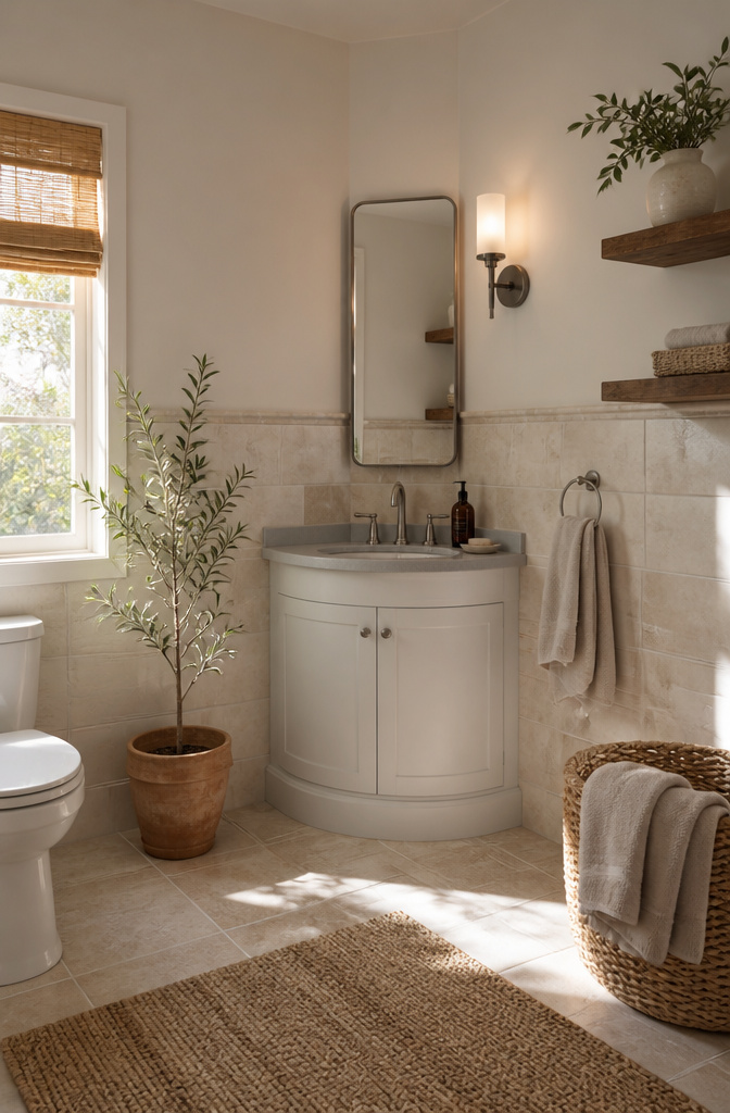 A corner vanity fitted snugly between two walls.