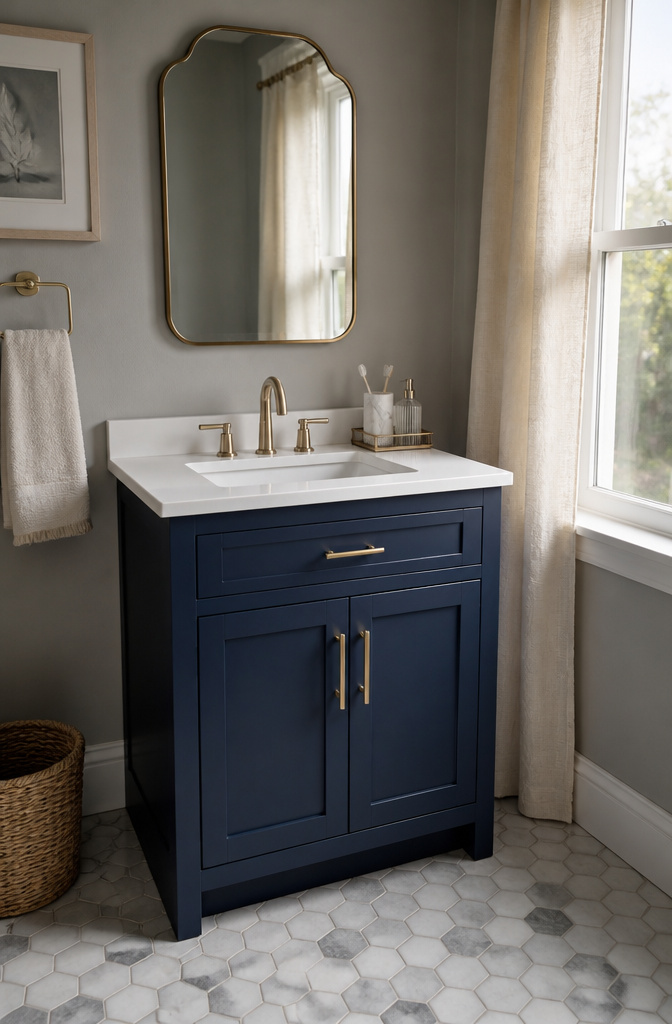 A single sink vanity with a navy blue finish and white countertop.