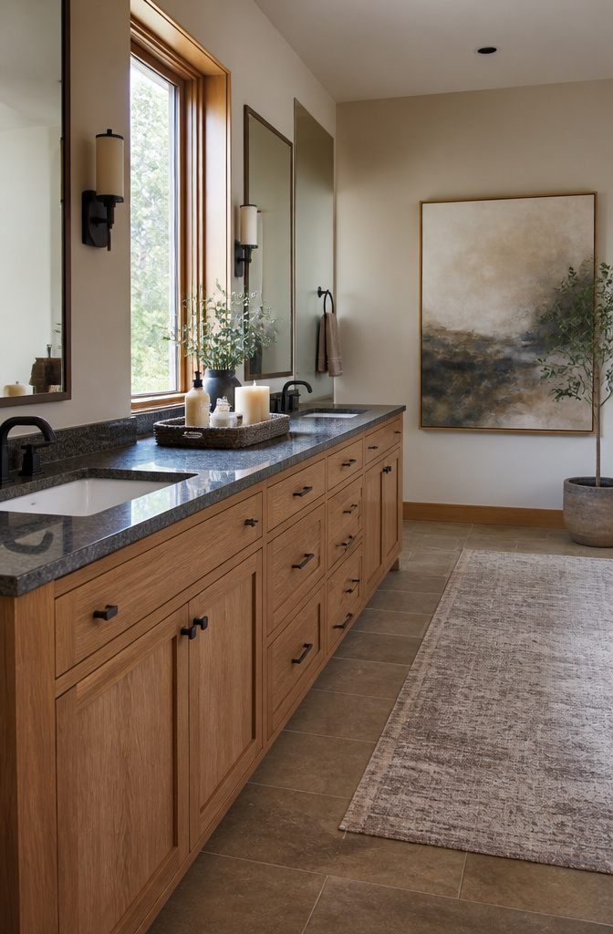A spacious double sink vanity with oak cabinetry and granite top.