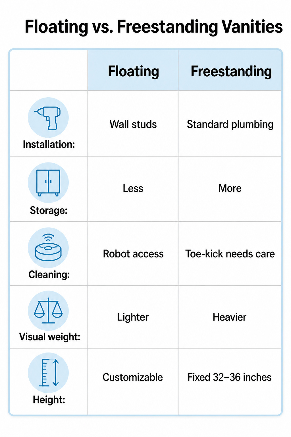An information image contrasting floating and freestanding vanities.