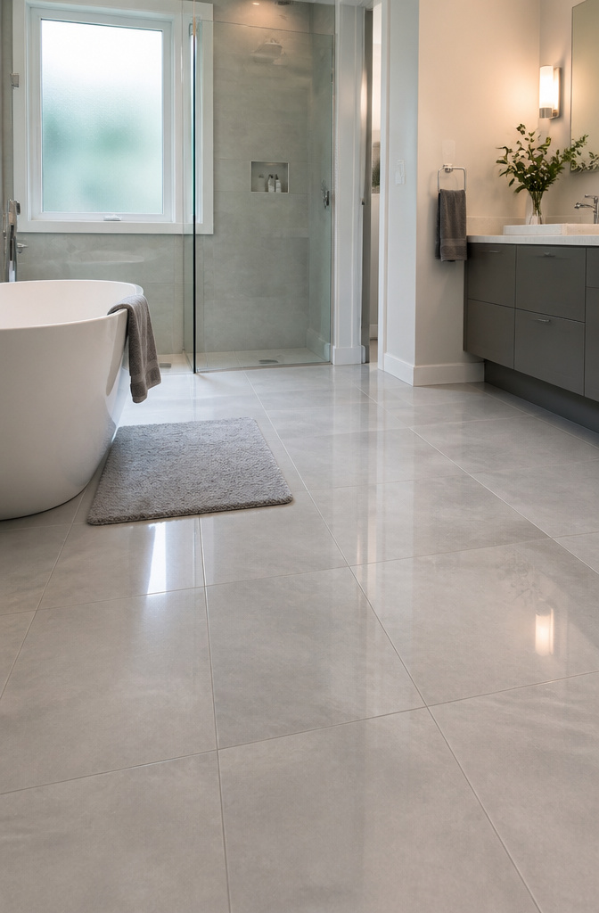 A bathroom floor made of large light grey porcelain tiles.