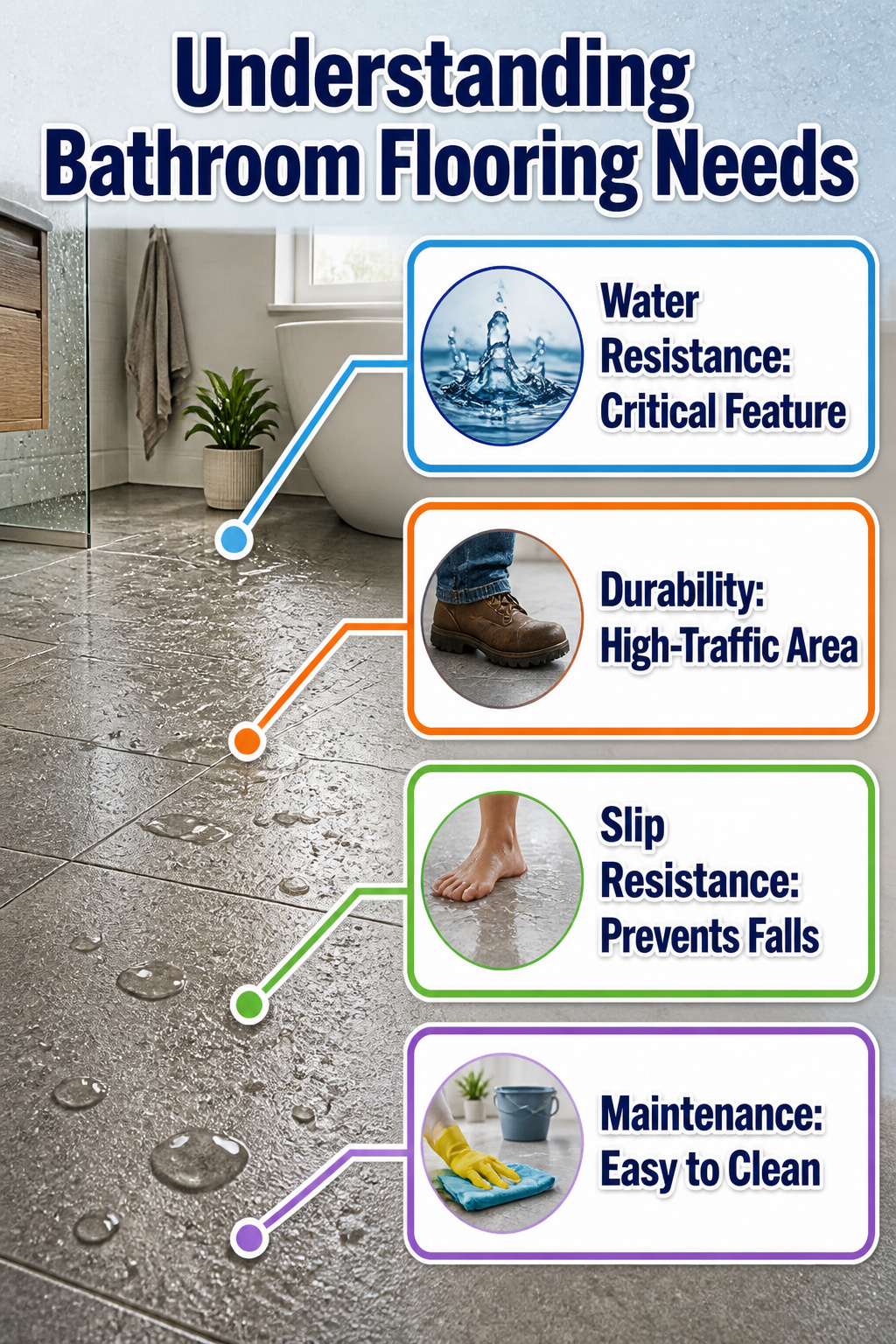 An infographic explaining bathroom flooring requirements.