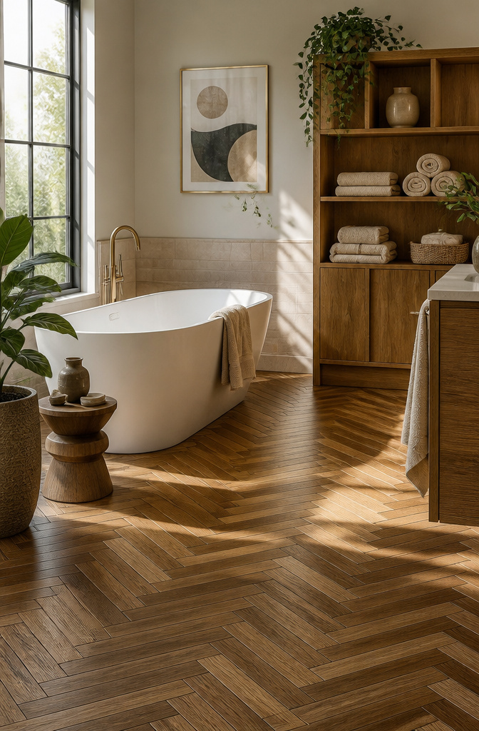 A herringbone patterned engineered wood floor in a bathroom.
