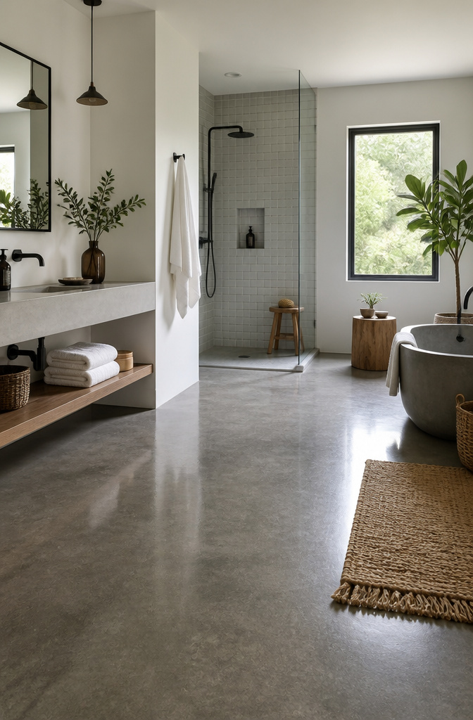 A bathroom floor made of poured concrete.