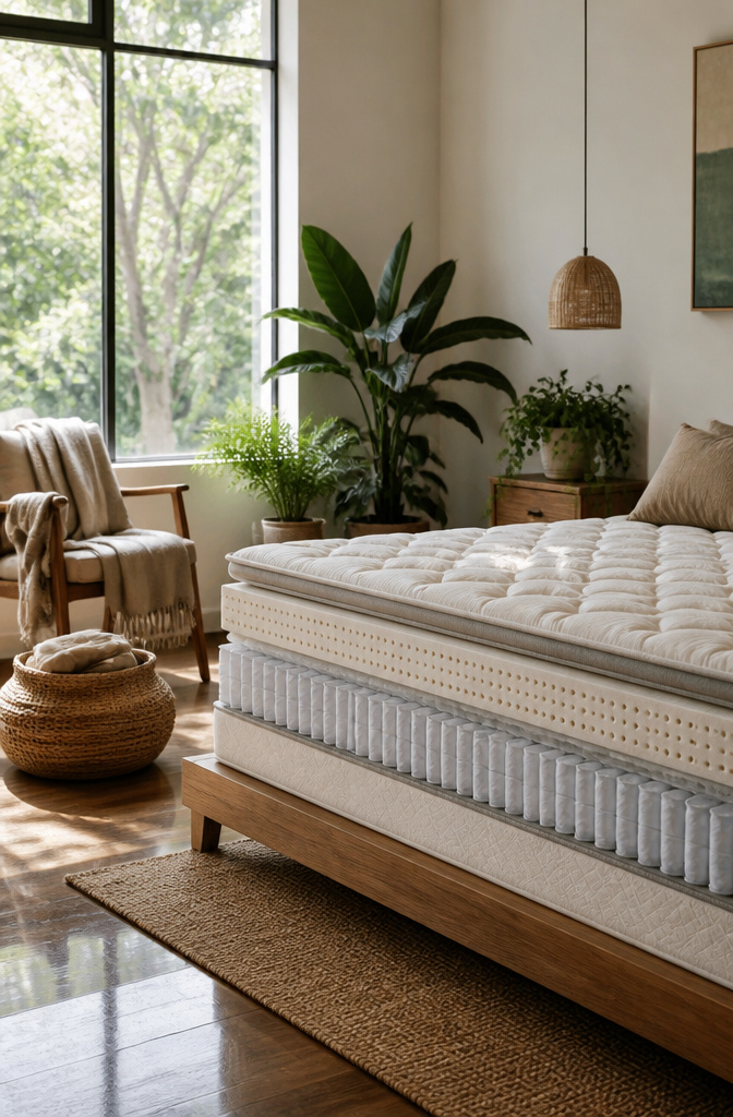 A hybrid mattress featuring organic cotton and natural latex in a room.